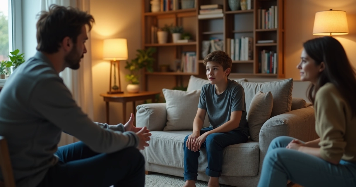 Familia conversando en una sala con ambiente tranquilo