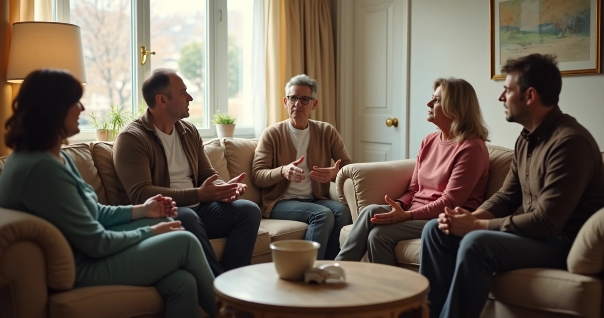 Familia conversando en una sala con postura calmada