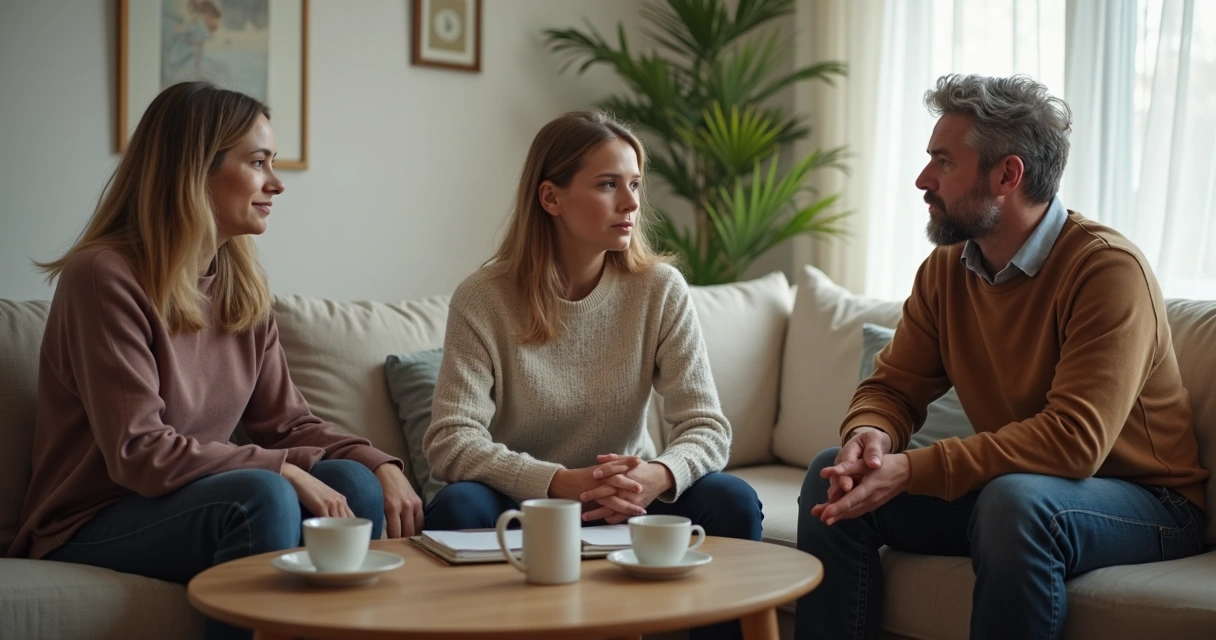 Familia adulta conversando en sala con gesto sereno