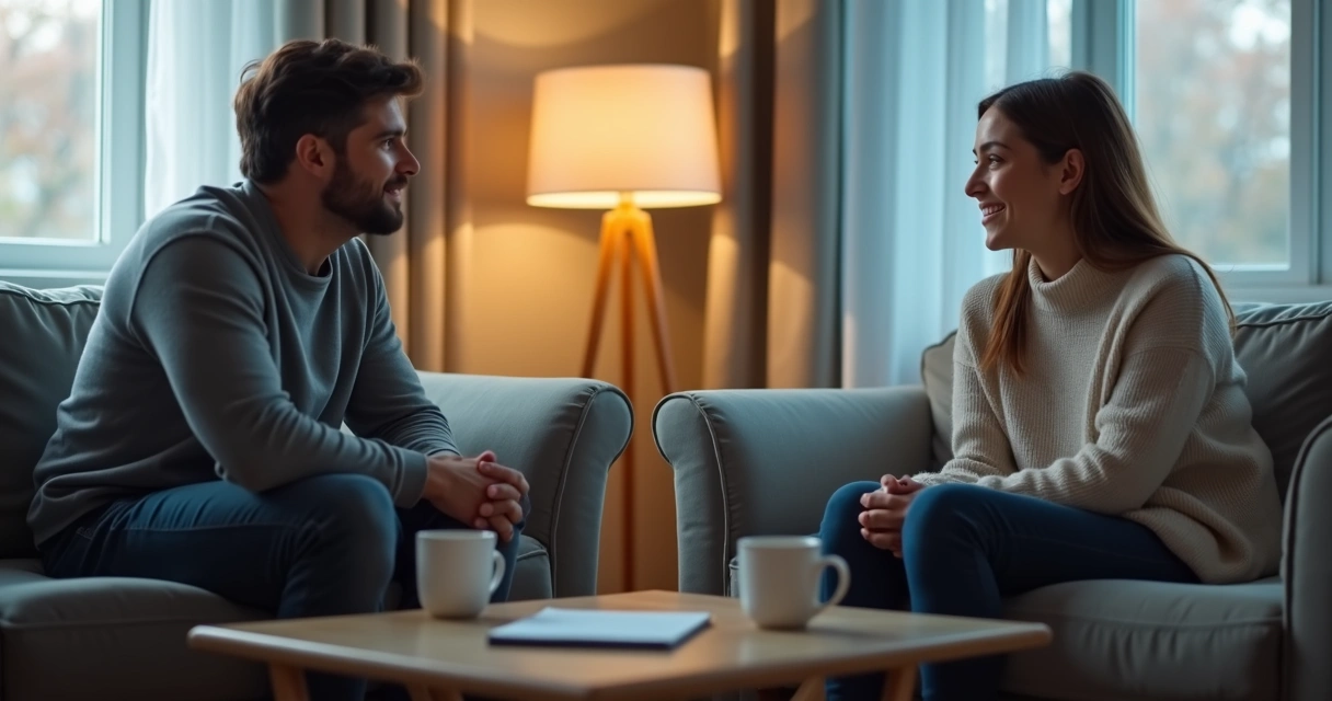 Adulto y adolescente conversando en una sala tranquila