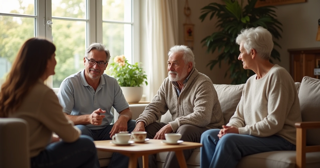 Familia conversando en sala con atención y calma 