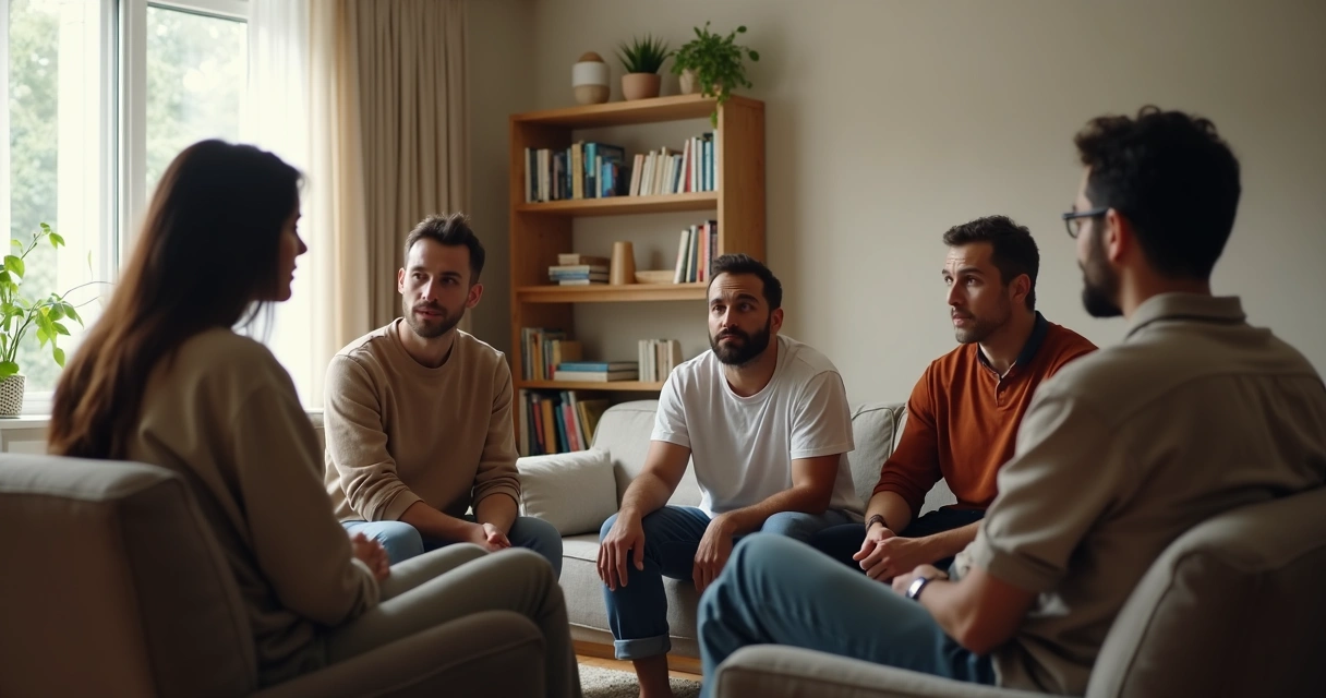 Grupo conversando mientras una persona reflexiona en silencio 