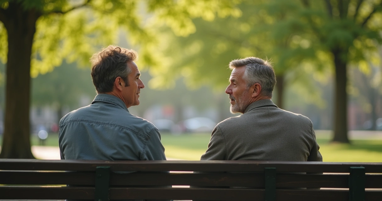 Dos hombres conversando en un banco de parque 