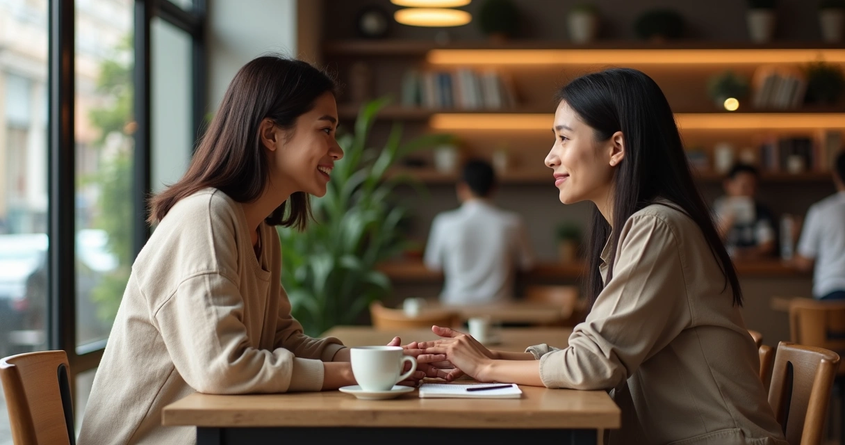 Dos personas dialogan frente a frente en una mesa de café con actitud abierta y serena 