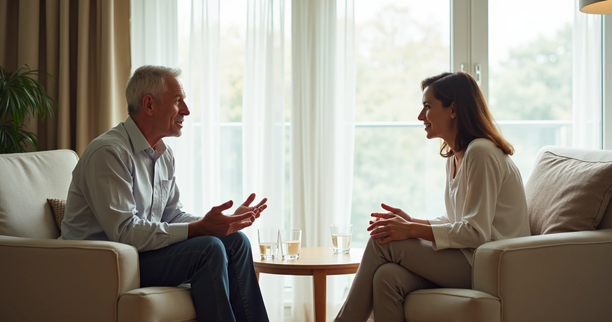 Dos personas hablando con calma en una sala luminosa