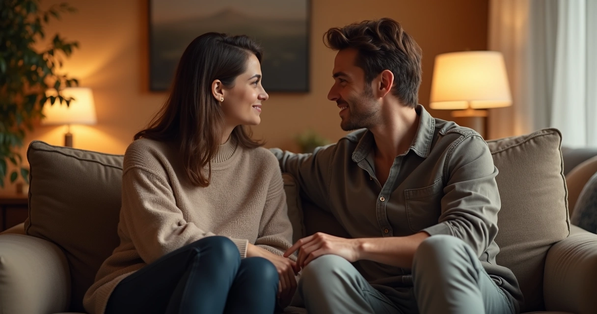 Dos personas conversando de manera honesta en una sala tranquila 