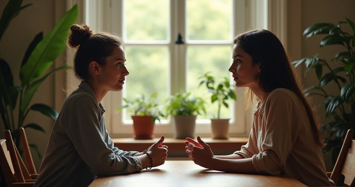 Dos personas conversando frente a frente en una mesa 
