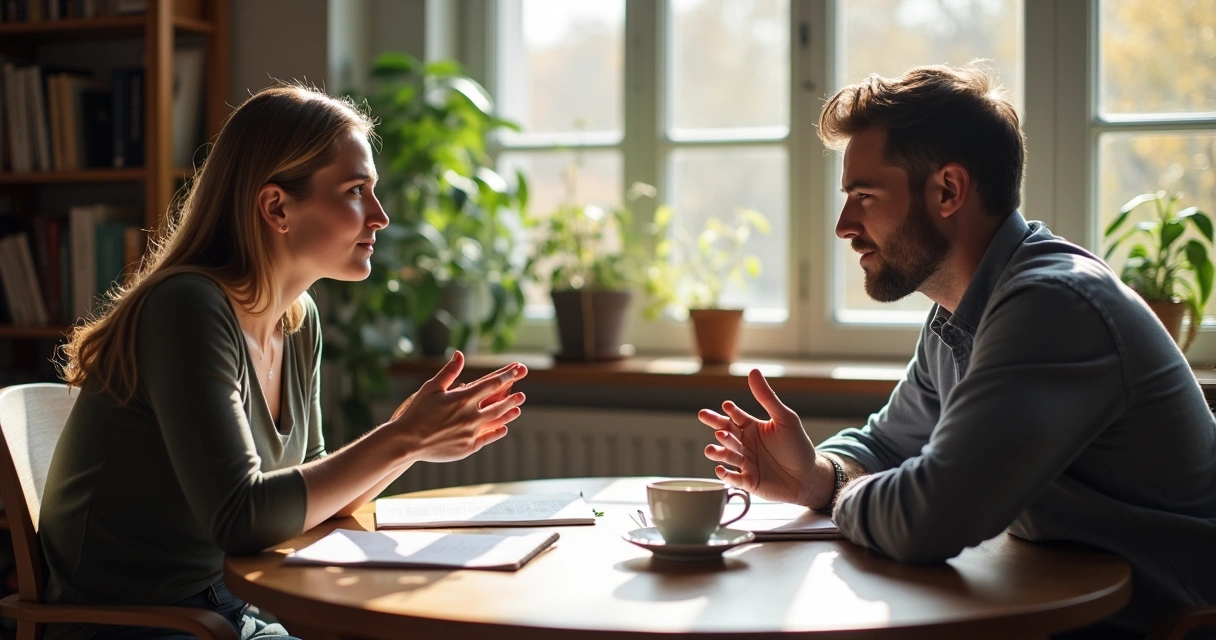 Dos personas sentadas conversando profundamente y generando conexión