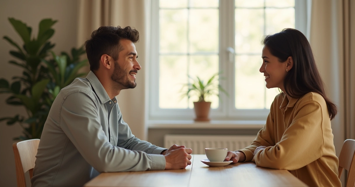 Dos personas conversan con alivio en un ambiente sereno 