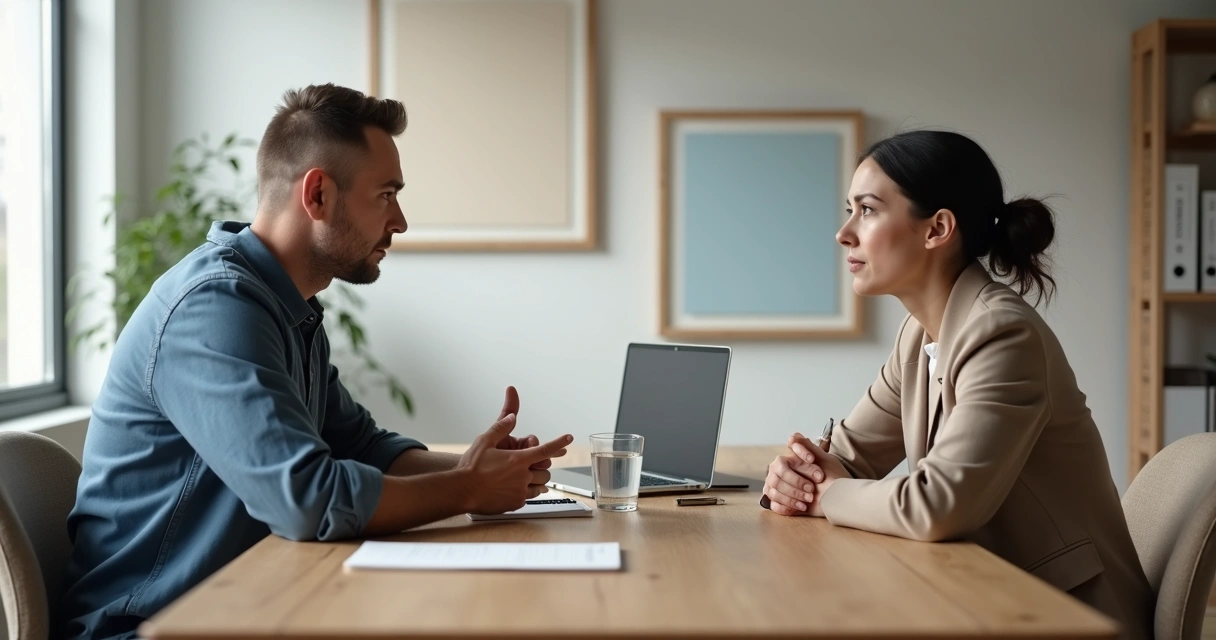 Dos personas conversando con seriedad frente a frente en una mesa de oficina 