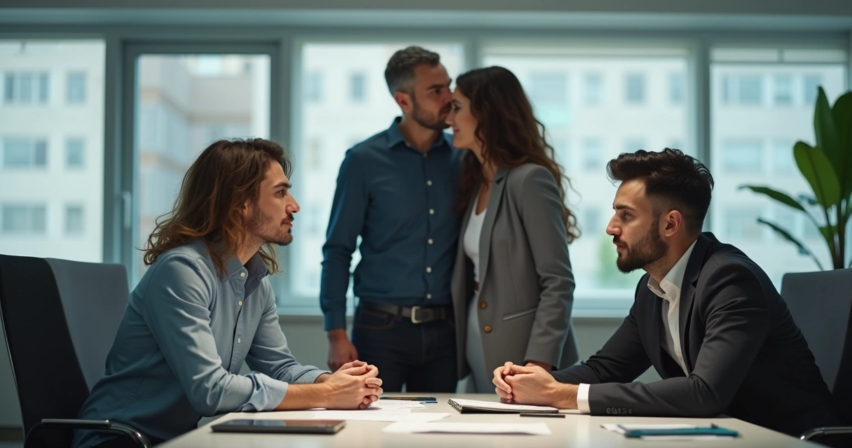 Tres personas en una oficina, dos hablando entre sí mientras miran a una tercera persona que parece excluida 