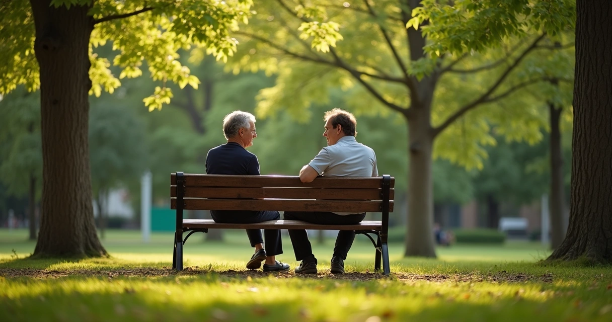 Dos personas conversan sentadas en un parque, escena tranquila 