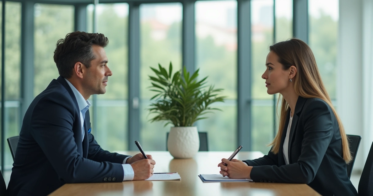 Dos personas conversando con respeto en una reunión de trabajo 