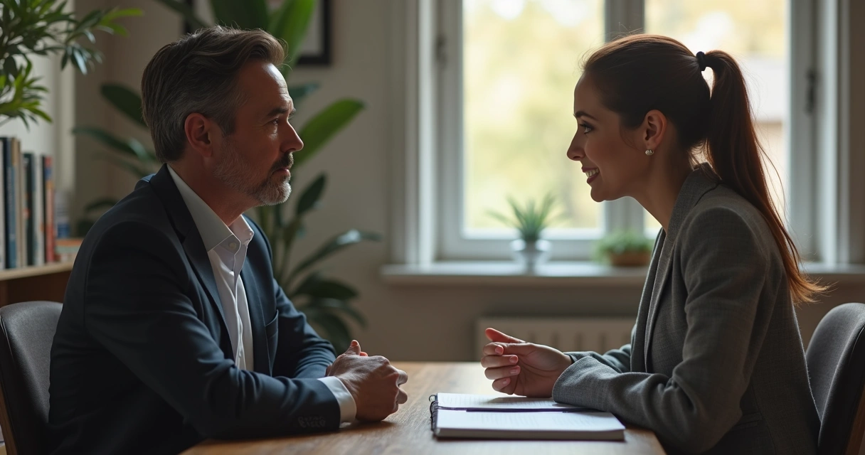 Líder y colaborador conversando cara a cara en una oficina 