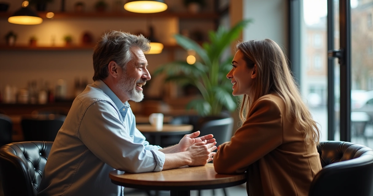 Dos personas conversando amistosamente en un café, una explica un punto con calma