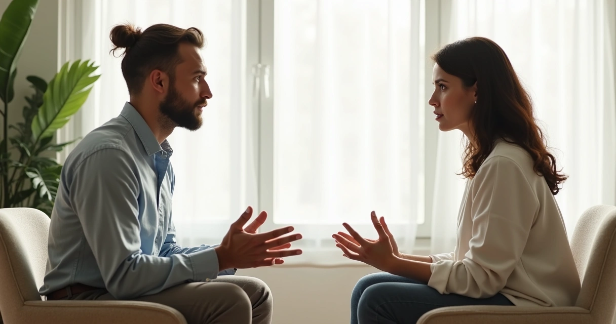Dos personas conversan con calma en un espacio luminoso