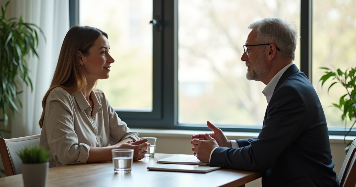 Dos personas conversan con calma en una oficina luminosa