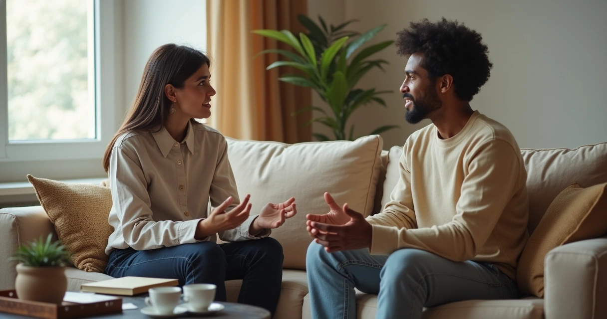 Dos personas conversando con calma en un sofá sobre límites de pareja