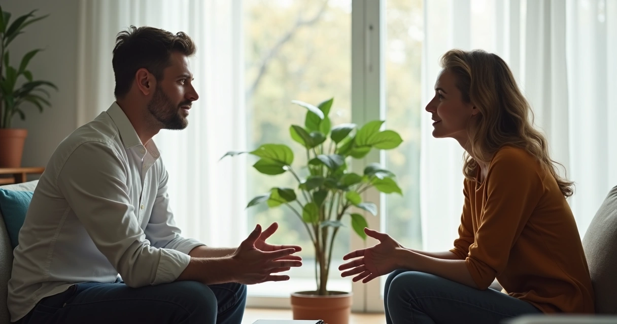 Dos personas conversando con calma frente a frente en una sala luminosa