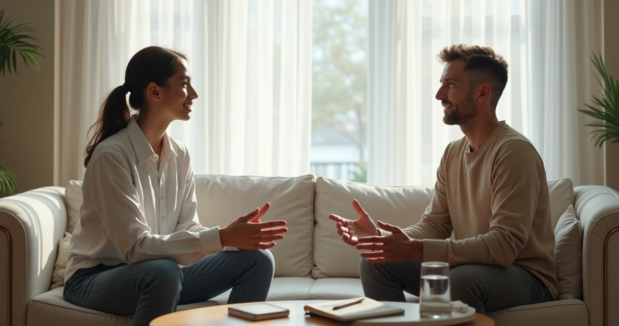 Dos personas hablando con calma en una sala luminosa 
