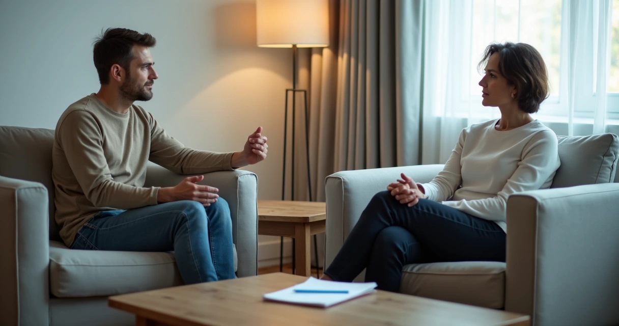 Dos personas conversando con distancia y calma en una sala
