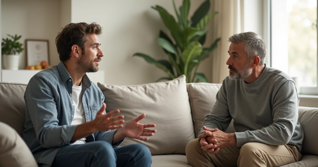 Dos personas conversando en un sofá con gesto sereno y distancia respetuosa