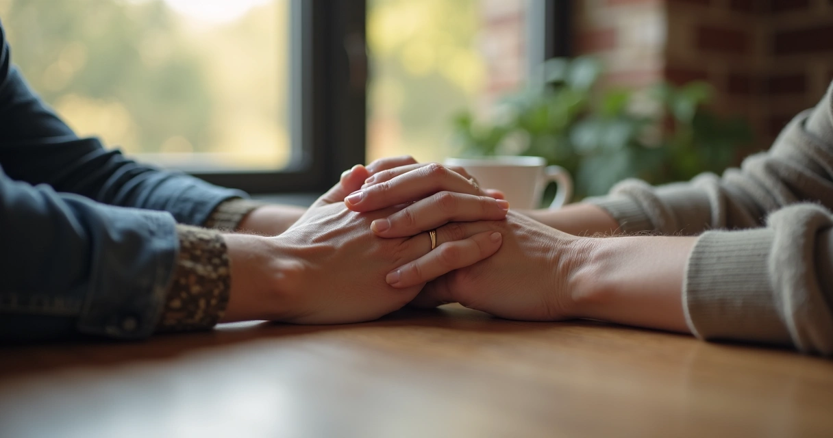 Manos de dos personas dialogando sobre la mesa, reflejando una conversación seria y respetuosa