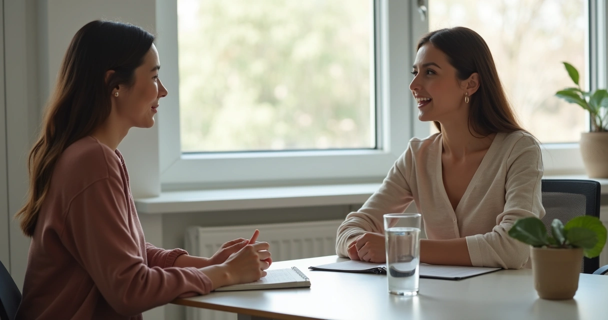 Dos personas conversando con calma en una oficina luminosa