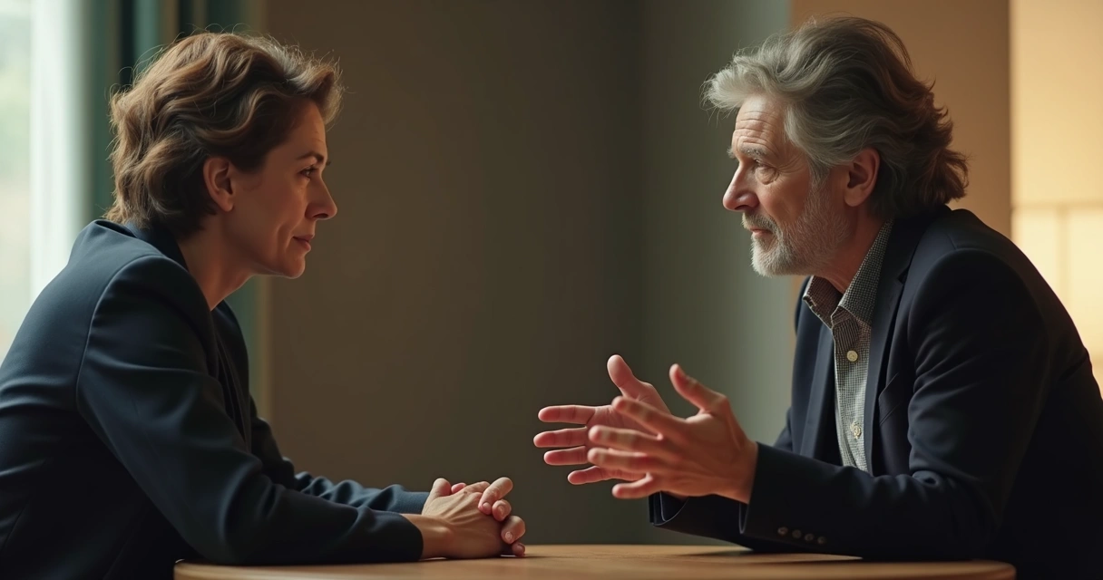 Dos personas conversando con expresiones serias en un ambiente tranquilo 