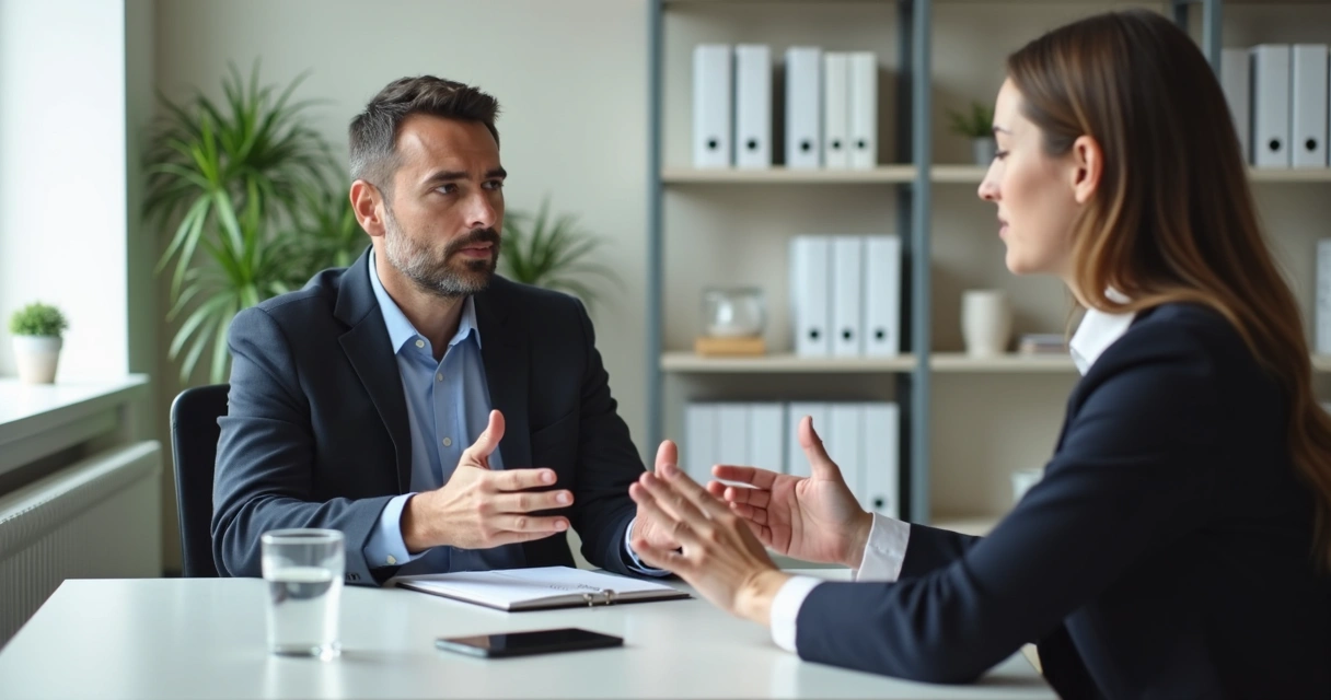 Dos personas conversando con calma en una oficina luminosa 