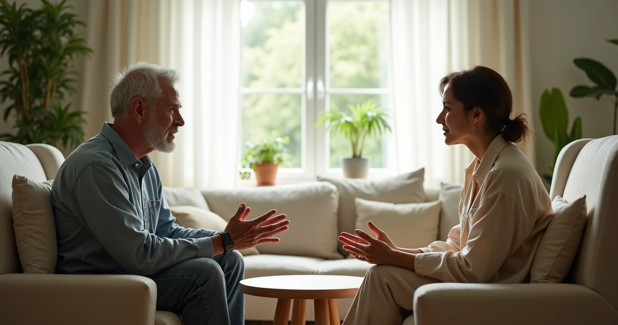 Dos personas conversando con calma en una sala 
