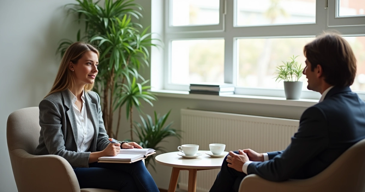 Dos personas conversando en una mentoría en una oficina tranquila