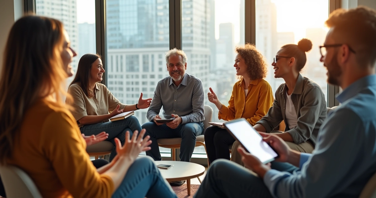 Grupo internacional conversando y sonriendo en una sala moderna