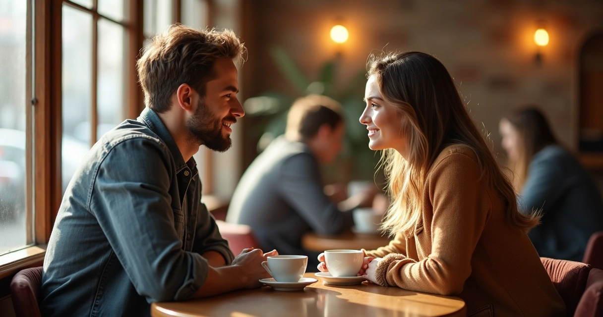Pareja sentada en un café conversando de manera sincera