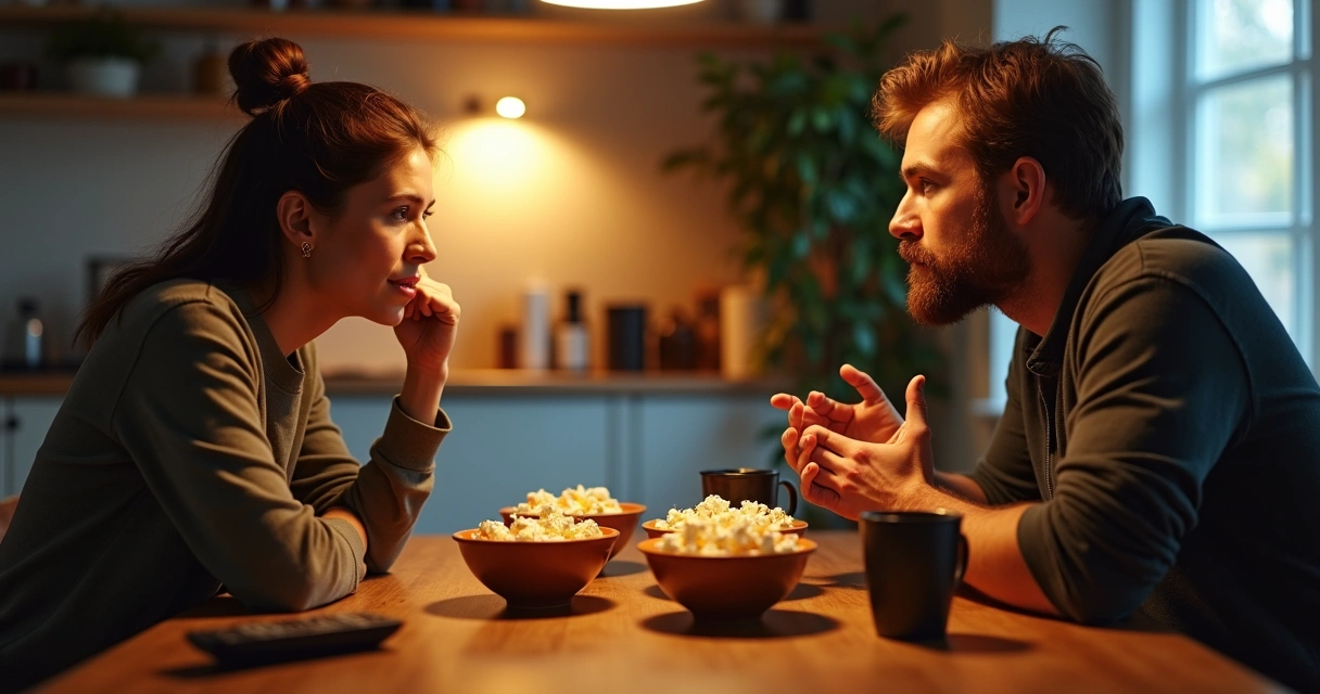 Pareja conversando sentada tras una película