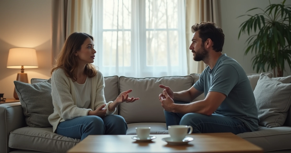 Pareja conversando en una sala con distancia emocional visible