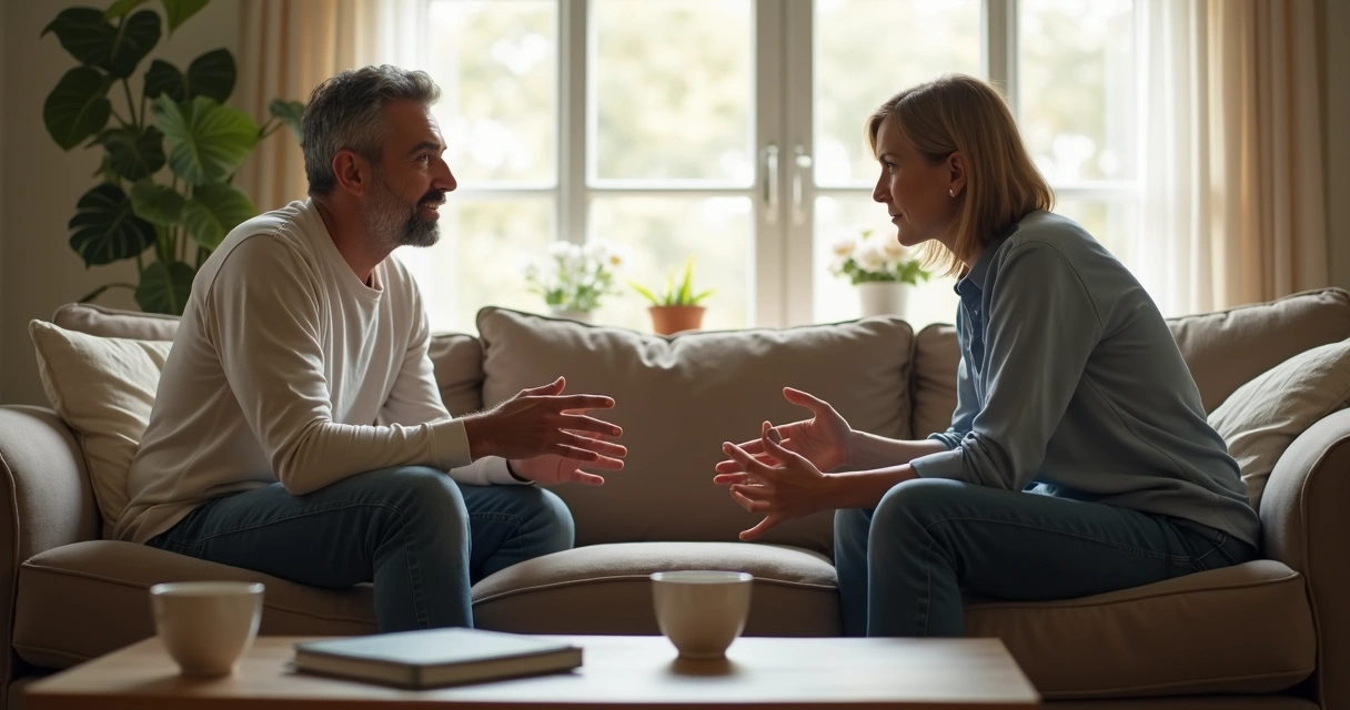Pareja conversando en una sala con distancia emocional 