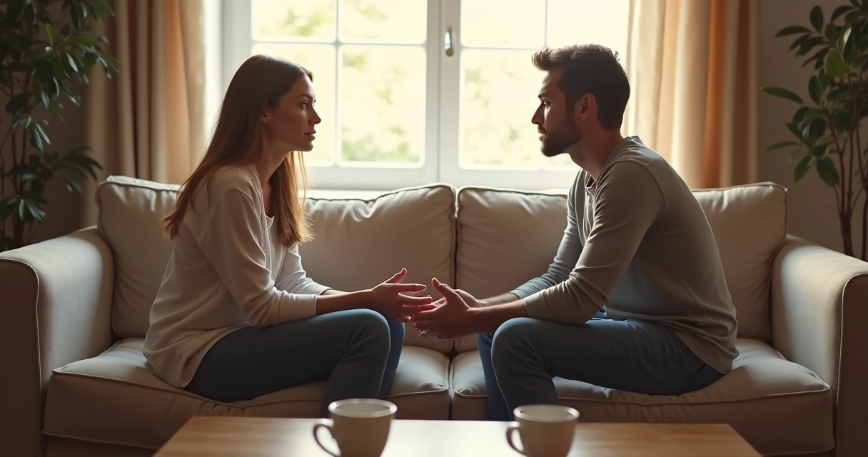 Pareja conversando en una sala con distancia emocional