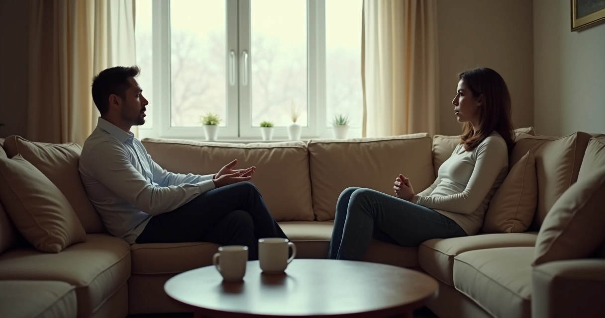 Pareja conversando en un salón con distancia emocional visible