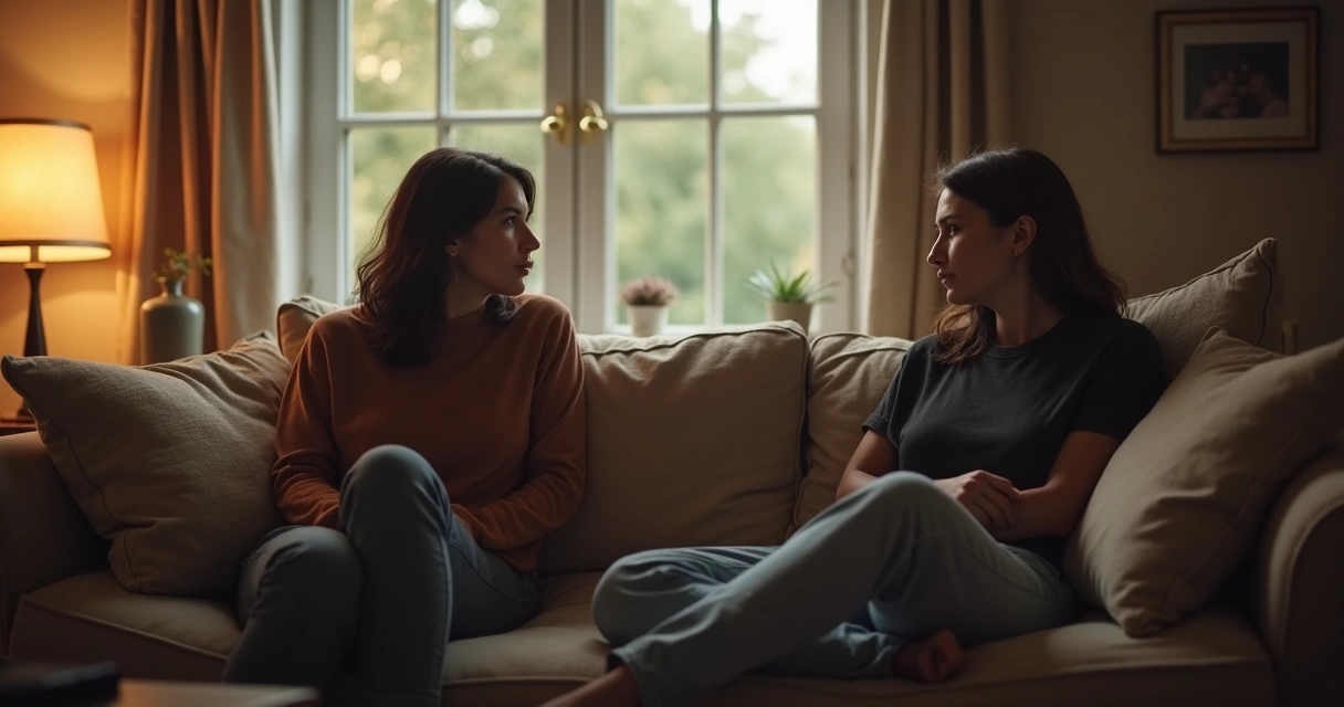 Pareja conversando junto a ventana, ambiente íntimo