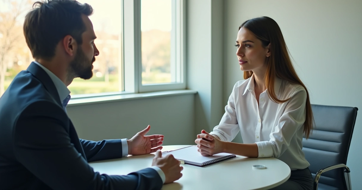 Dos personas conversando en privado en una oficina tranquila