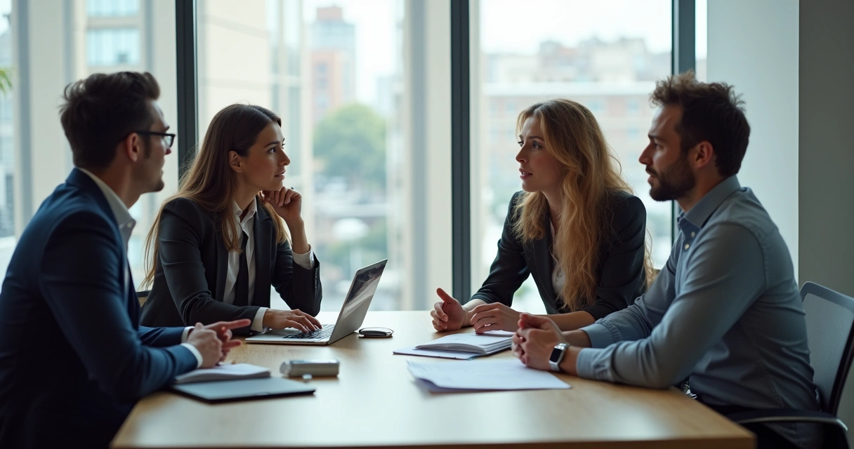 Equipo de trabajo reflexionando y conversando en una oficina moderna. 