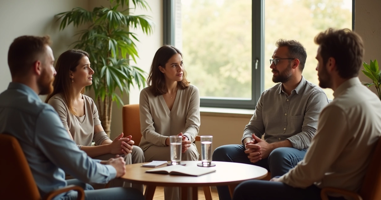 Personas conversando en círculo con actitud reflexiva 