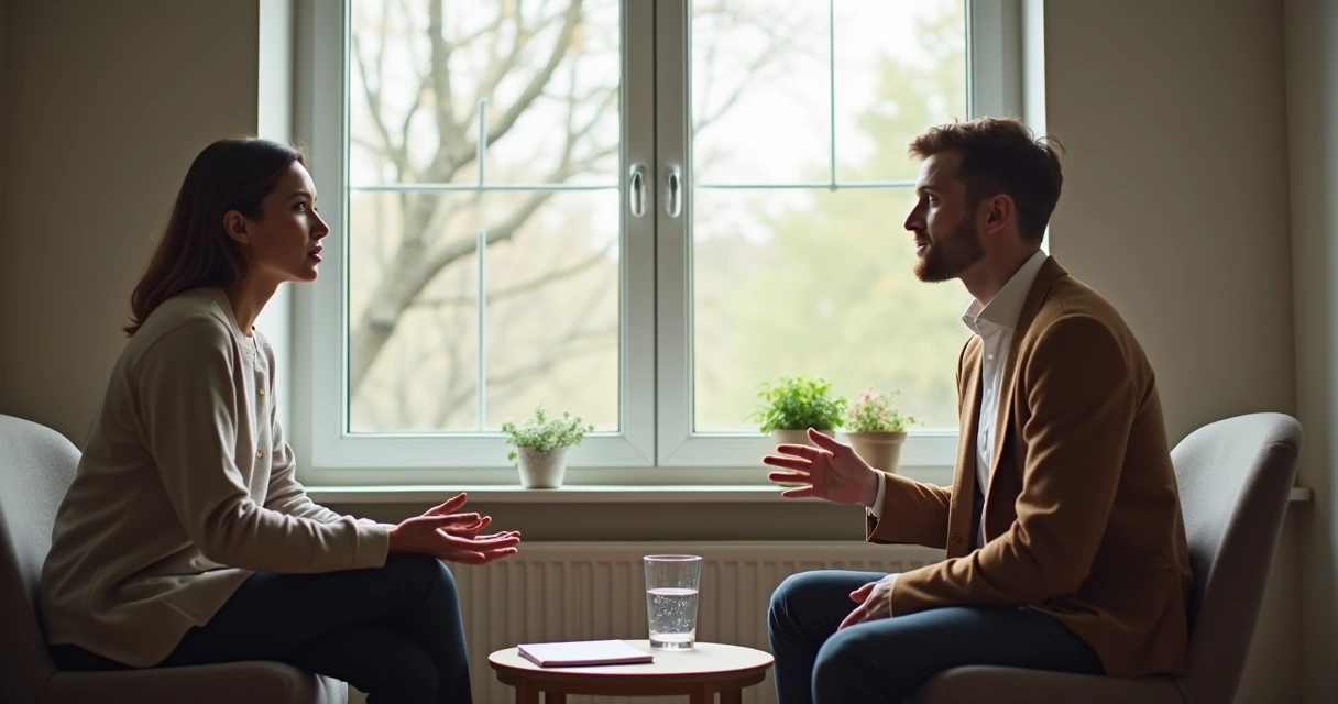 Dos personas conversando con calma junto a una ventana 