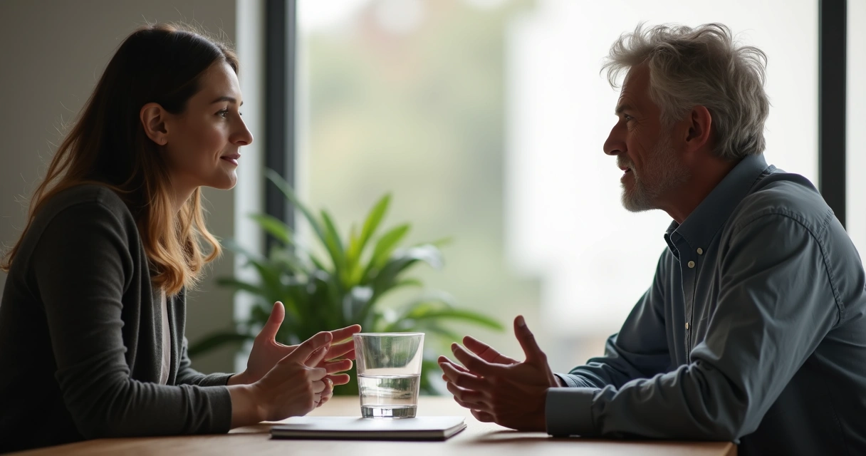 Dos personas conversando con calma en una mesa