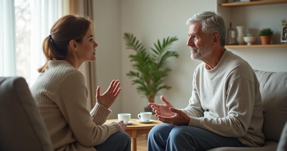 Dos personas conversando con calma en una sala luminosa