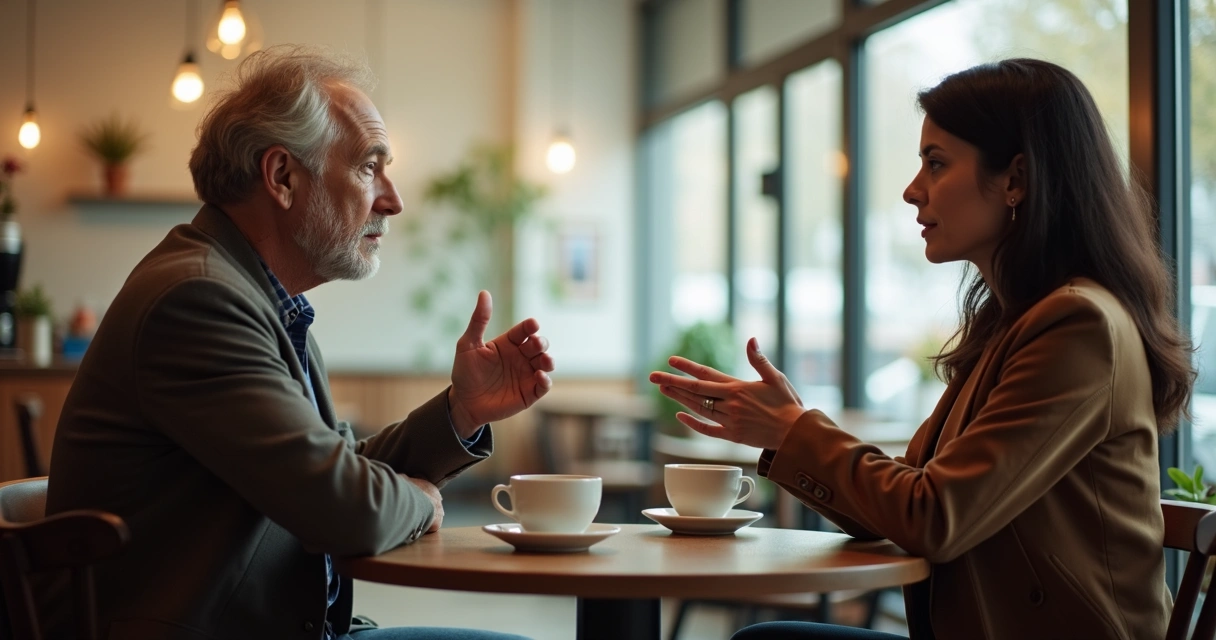 Dos personas conversando con respeto en una cafetería 