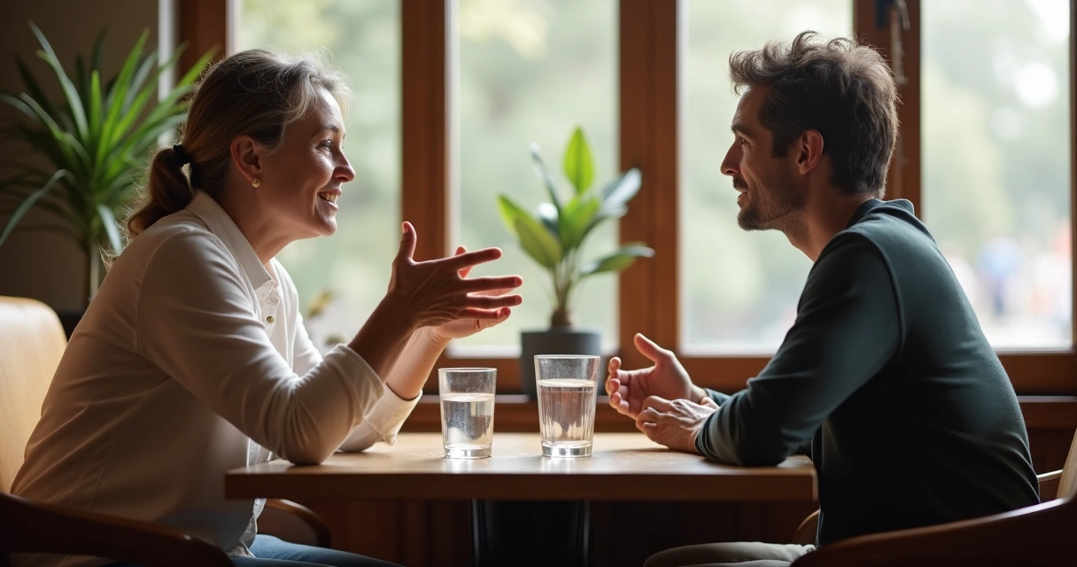 Dos personas conversando con calma en una mesa de café