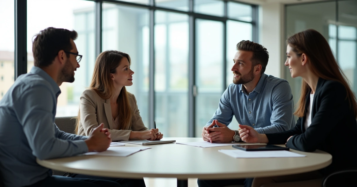 Equipo reunido en una sala, conversando de manera respetuosa y atenta 