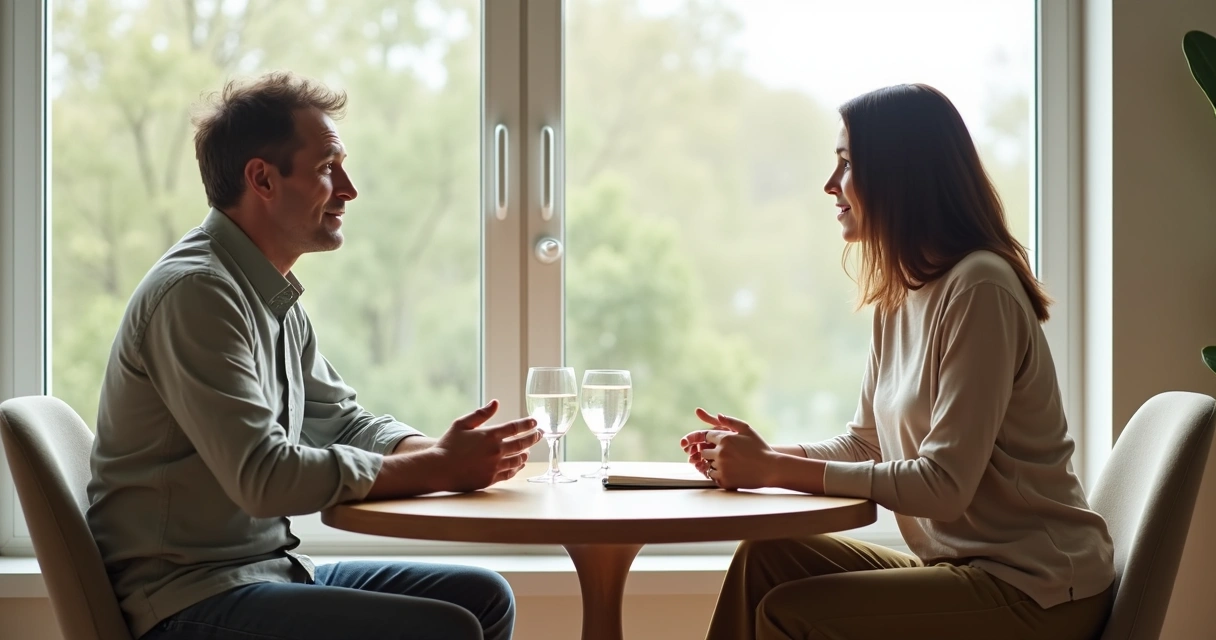 Dos personas dialogando con calma en una mesa redonda en un entorno sereno 